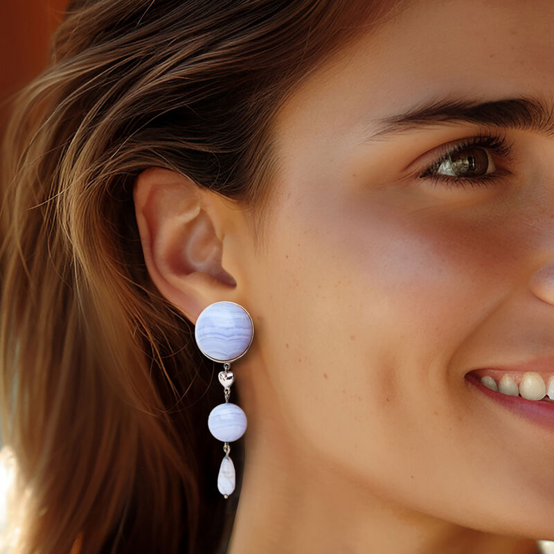 C. 1990 Vintage Blue Lace Agate Drop Earrings in 18kt White Gold image number 1