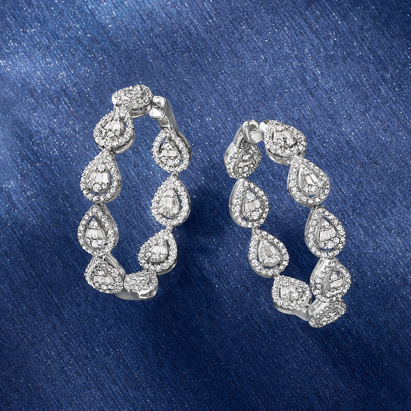 2.25 ct. t.w. Baguette and Round Diamond Hoop Earrings in 14kt White Gold. 1 1/4&quot; image number 4