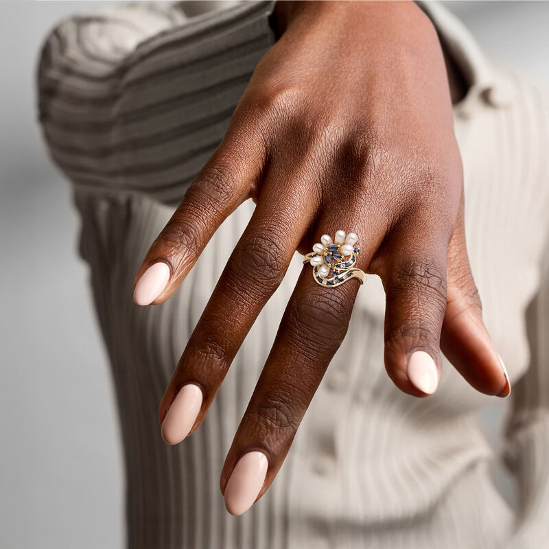 C. 1980 Vintage Cultured Pearl, .37 ct. t.w. Sapphire and .14 ct. t.w. Diamond Ring in 18kt Yellow Gold. Size 6.75 image number 1
