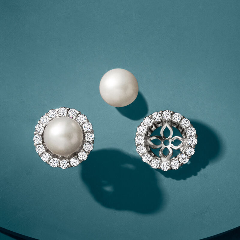 7.5mm Cultured Pearl and 1.10 ct. t.w. CZ Jewelry Set: Earrings and Earring Jackets in Sterling Silver image number 7
