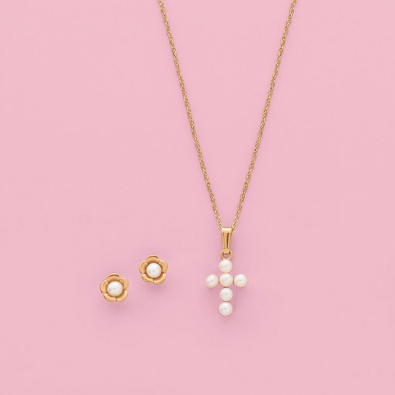 Child's 2.5-3mm Cultured Pearl Cross Pendant Necklace in 14kt Yellow Gold. 15&quot; image number 1