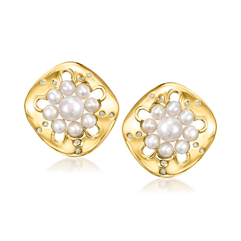 4-7.5mm Cultured Pearl and .10 ct. t.w. White Topaz Earrings in 18kt Gold Over Sterling image number 0