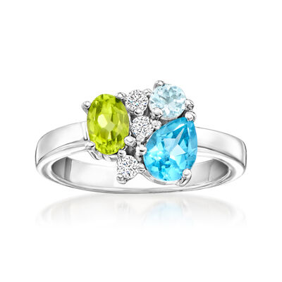 .70 Carat Swiss Blue Topaz, .30 Carat Peridot and .10 Carat Aquamarine Ring with .10 ct. t.w. Lab-Grown Diamonds in Sterling Silver
