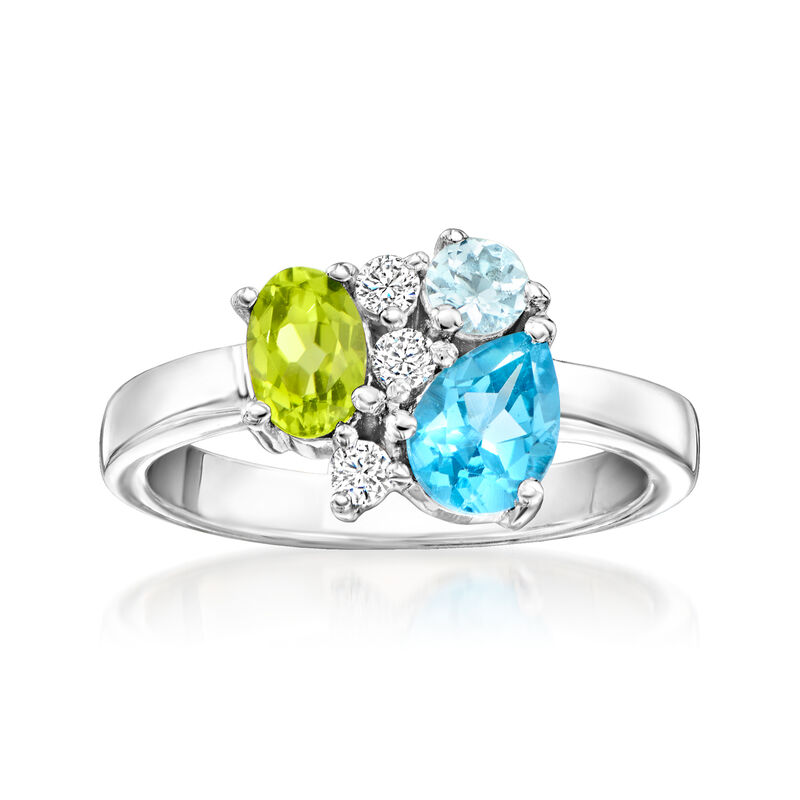 .70 Carat Swiss Blue Topaz, .30 Carat Peridot and .10 Carat Aquamarine Ring with .10 ct. t.w. Lab-Grown Diamonds in Sterling Silver image number 0