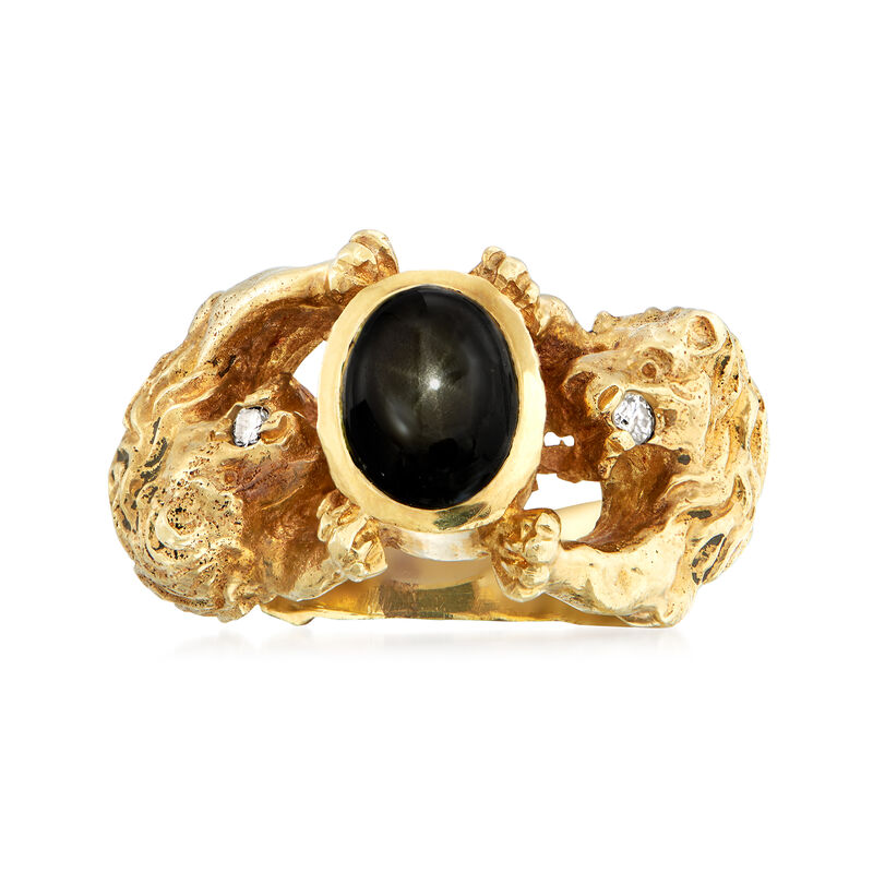 C. 1970 Vintage Black Star Sapphire Lion Ring with Diamond Accents in 14kt Yellow Gold image number 0