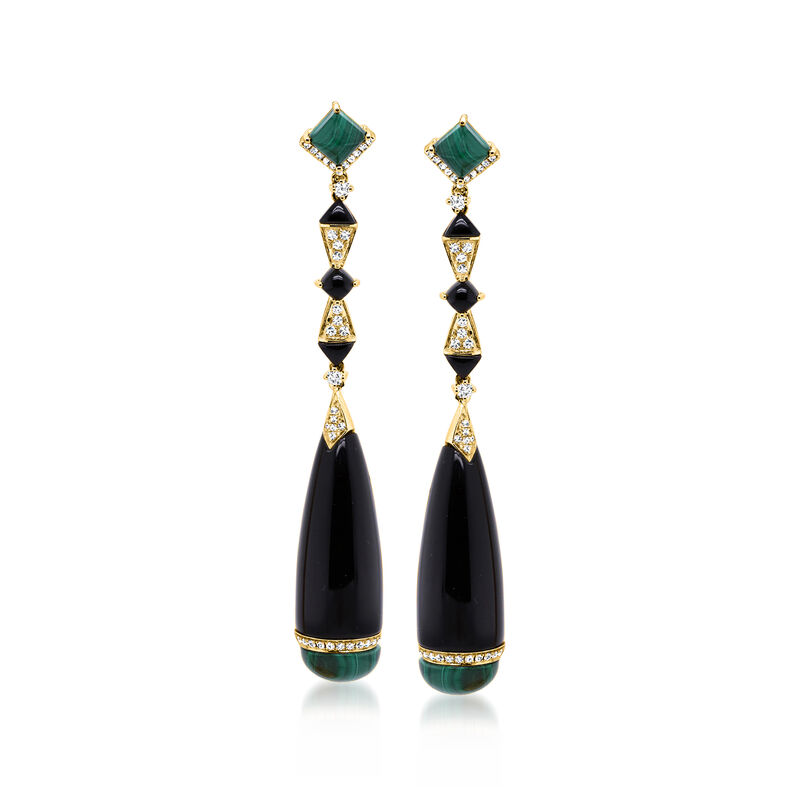 Onyx, Malachite and .84 ct. t.w. Diamond Drop Earrings in 14kt Yellow Gold image number 0