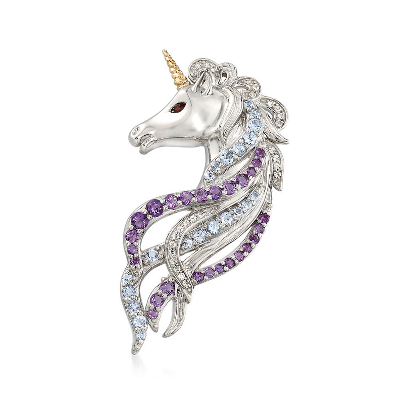 1.30 ct. t.w. Multi-Gemstone Unicorn Pin/Pendant in Sterling Silver with 14kt Yellow Gold  image number 0