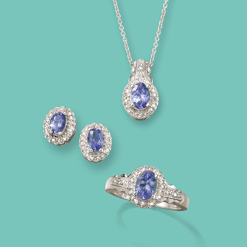 2.50 ct. t.w. Tanzanite and .10 ct. t.w. White Topaz Jewelry Set: Pendant Necklace, Earrings and Ring in Sterling Silver. Size 7 image number 8