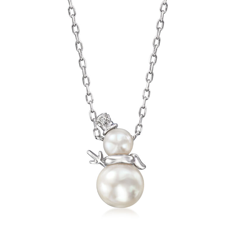 4-6.5mm Cultured Pearl Snowman Necklace with Diamond Accents in Sterling Silver image number 0