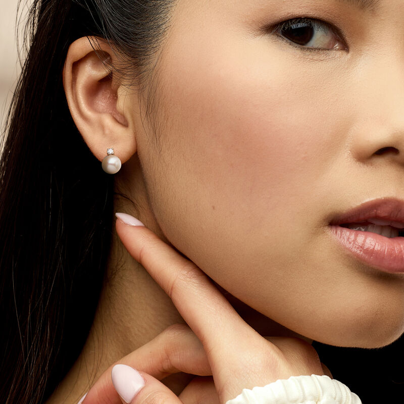 8-8.5mm Cultured Pearl and .10 ct. t.w. Lab-Grown Diamond Earrings in 14kt Yellow Gold  image number 1