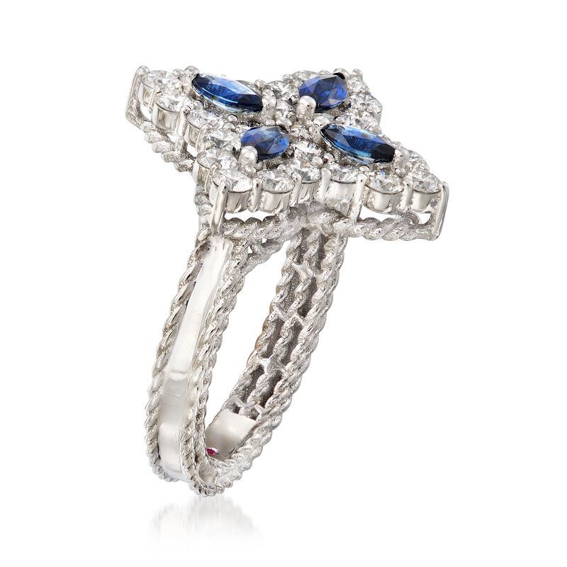 Roberto Coin &quot;Princess Flower&quot; 1.23 ct. t.w. Diamond and .40 ct. t.w. Sapphire Flower Ring in 18kt White Gold. Size 6.5 image number 2