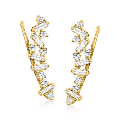 .50 ct. t.w. Round and Baguette Diamond Ear Climbers in 14kt Yellow Gold
