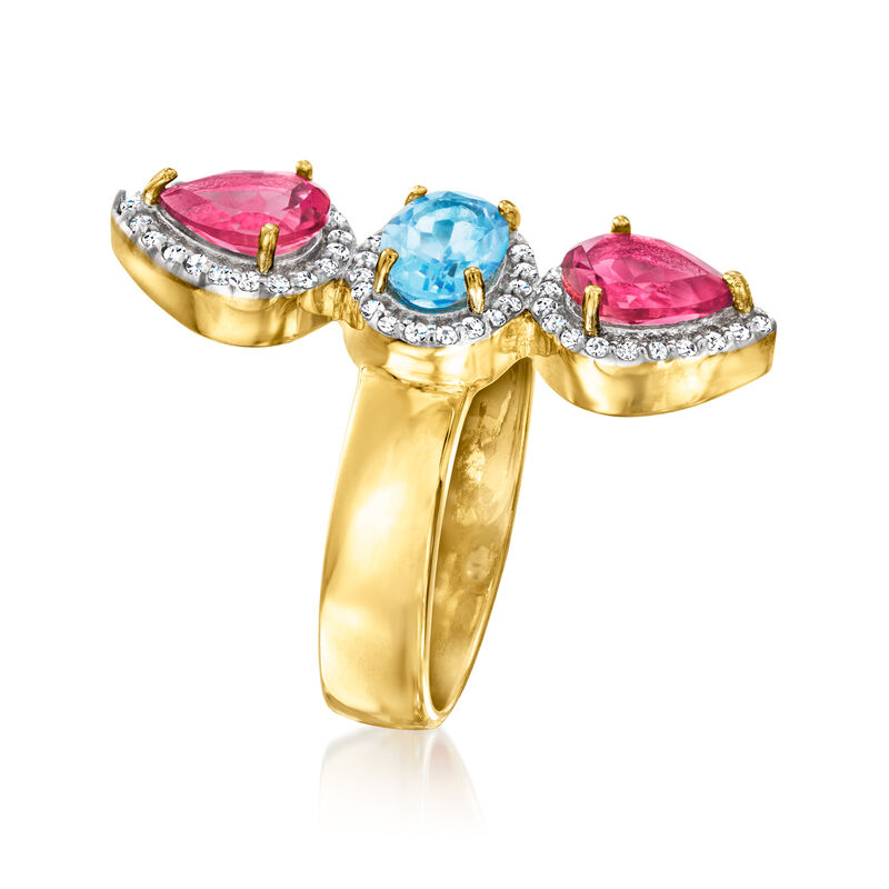 1.00 Carat Swiss Blue Topaz and 1.70 ct. t.w. Pink Topaz Ring with .40 ct. t.w. White Zircon in 18kt Gold Over Sterling image number 2