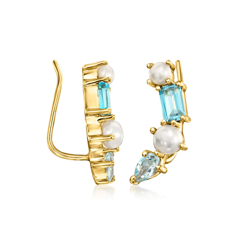 3-4mm Cultured Pearl and .70 ct. t.w. Swiss and Sky Blue Topaz Ear Climbers in 18kt Gold Over Sterling  image number 2