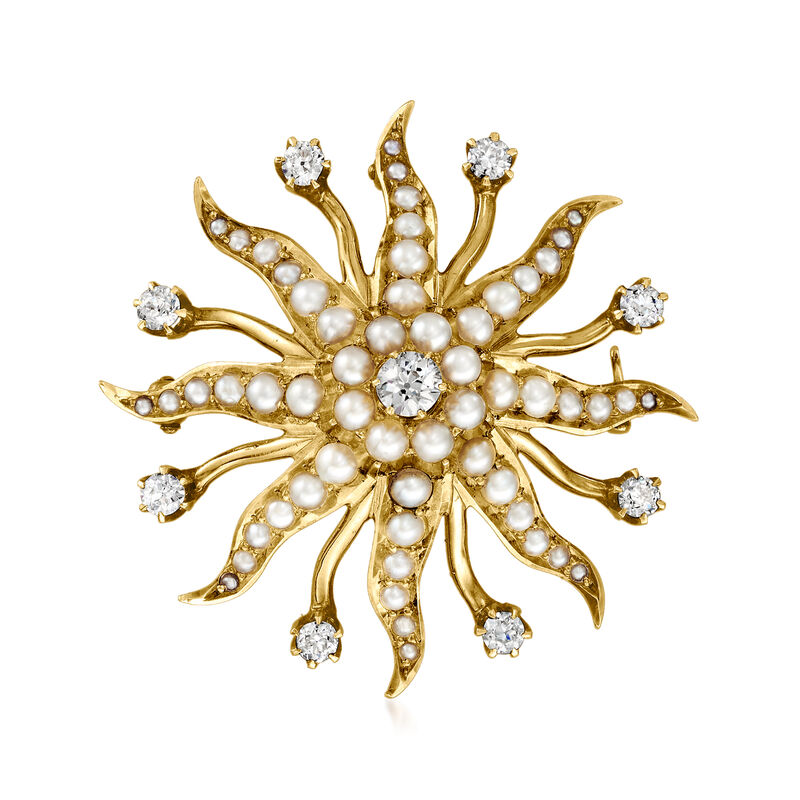 C. 1950 Vintage 4mm Cultured Pearl and 1.00 ct. t.w. Diamond Starburst Pin/Pendant in 14kt Yellow Gold image number 2