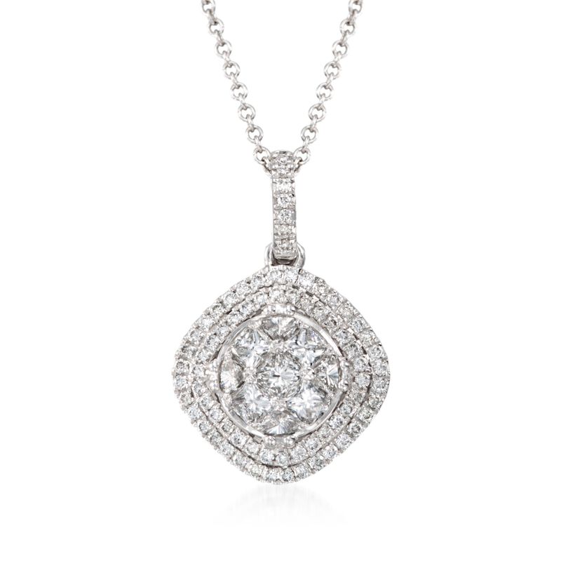 C. 2014 Simon G. .67 ct. t.w. Diamond Halo Pendant Necklace in 18kt White Gold. 17&quot; image number 1