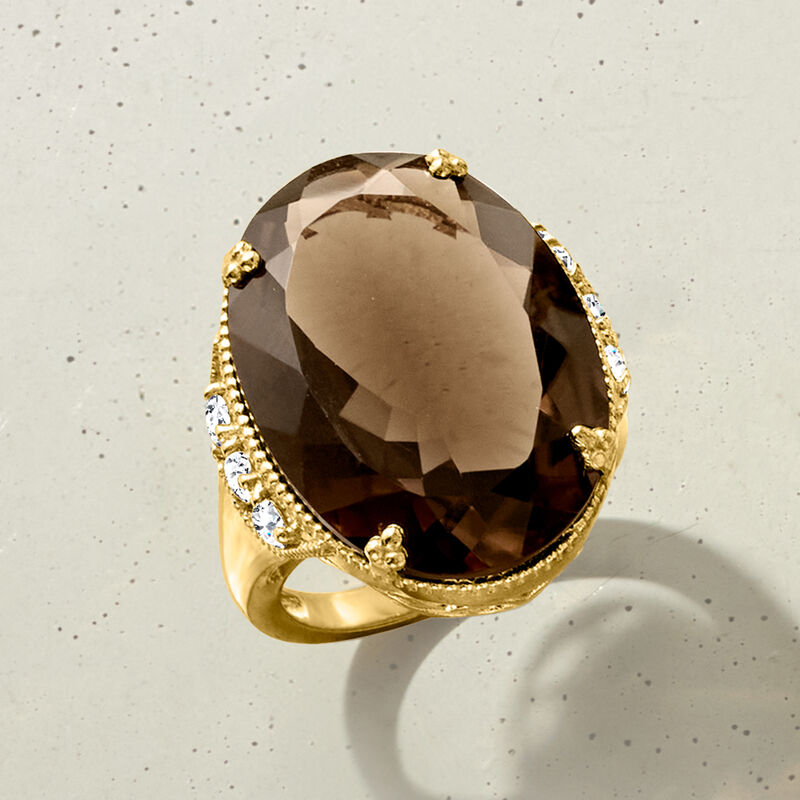 20.00 Carat Smoky Quartz and 1.60 ct. t.w. White Zircon Ring in 18kt Gold Over Sterling image number 6