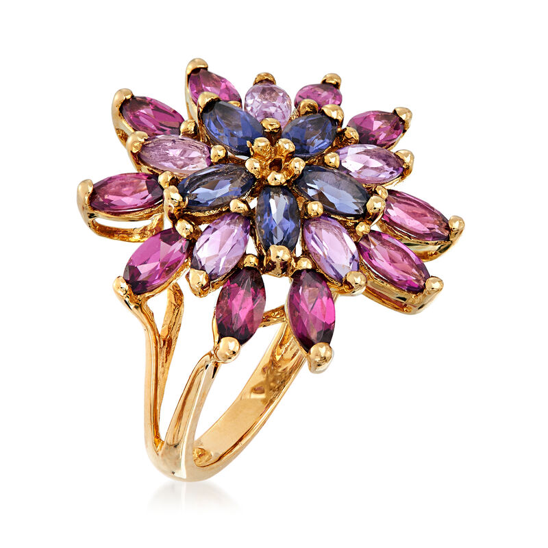 C. 1980 Vintage 2.60 ct. t.w. Multi-Gemstone Flower Ring in 14kt Yellow Gold image number 2