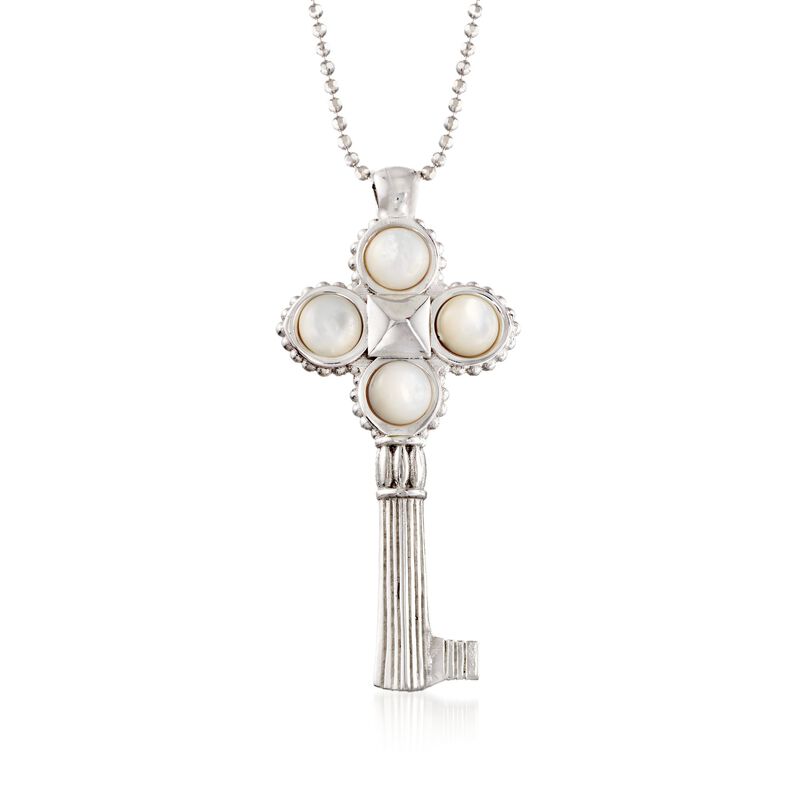 Italian Sterling Silver Key Pendant Necklace with Mother-Of-Pearl. 18&quot; image number 0