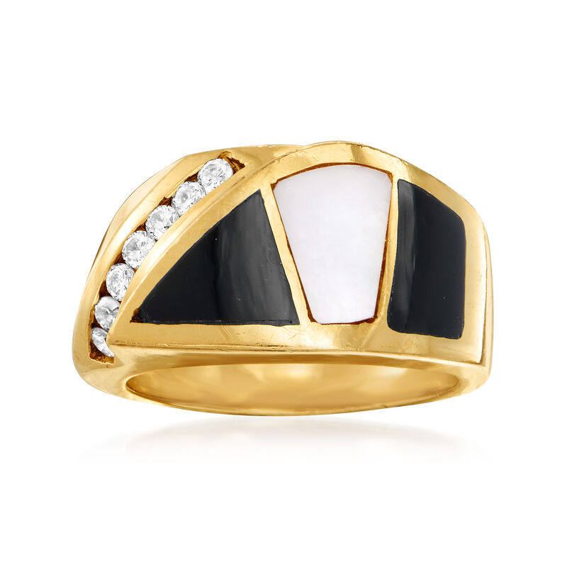 C. 1980 Vintage Black Onyx, Mother-Of-Pearl and .25 ct. t.w. Diamond Section Ring in 14kt Yellow Gold image number 0