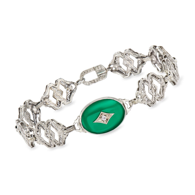 C. 1950 Vintage Green Chalcedony Filigree Bracelet with Diamond Accent in 10kt White Gold image number 0