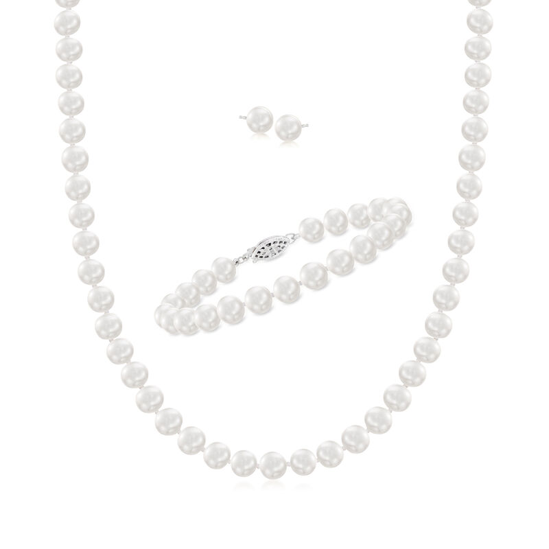 7-7.5mm Cultured Pearl Jewelry Set: Stud Earrings, Bracelet and Necklace with Sterling Silver image number 0