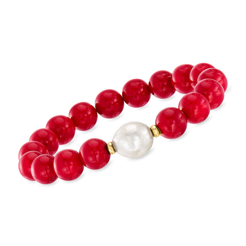 10mm Red Coral and 12-13mm Cultured Pearl Stretch Bracelet with 14kt Yellow Gold. 7&quot; image number 0