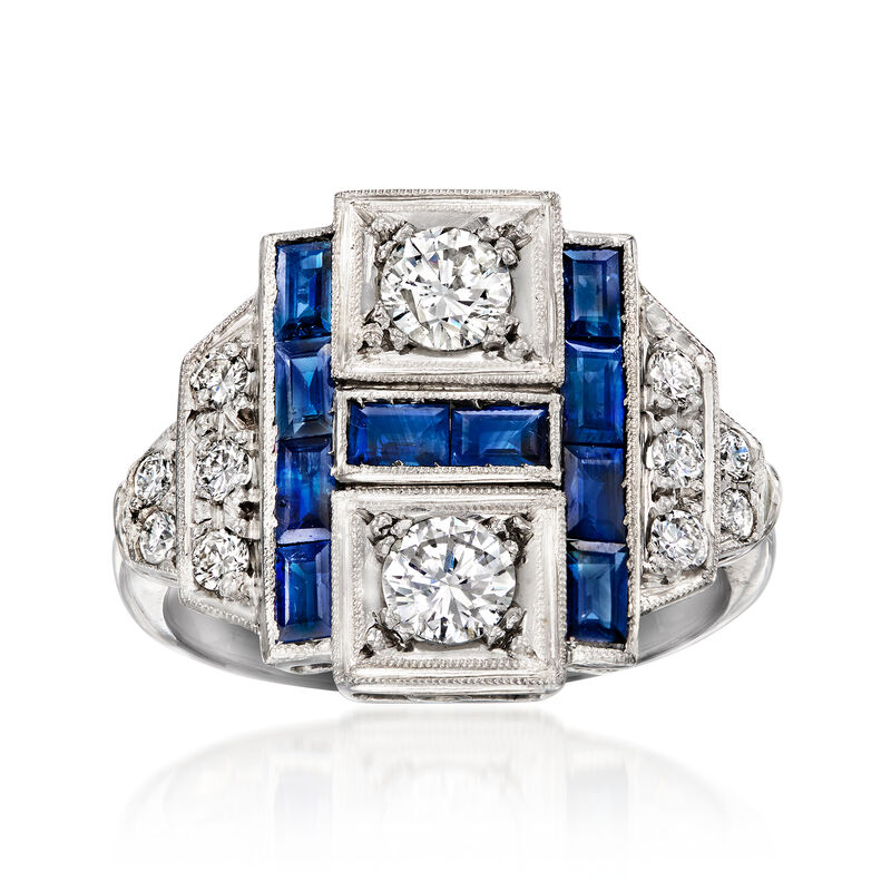 C. 1990 Vintage .90 ct. t.w. Sapphire and .80 ct. t.w. Diamond Ring in Platinum. Size 6.5 image number 0