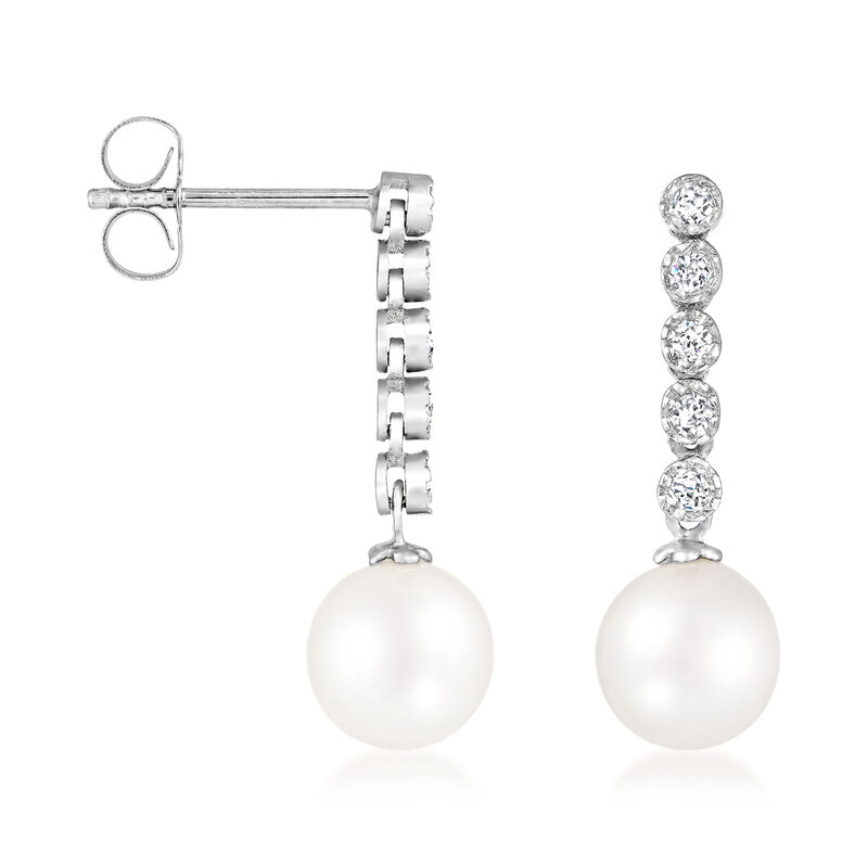 7-7.5mm Cultured Akoya Pearl and .15 ct. t.w. Diamond Linear Drop Earrings in 14kt White Gold image number 1
