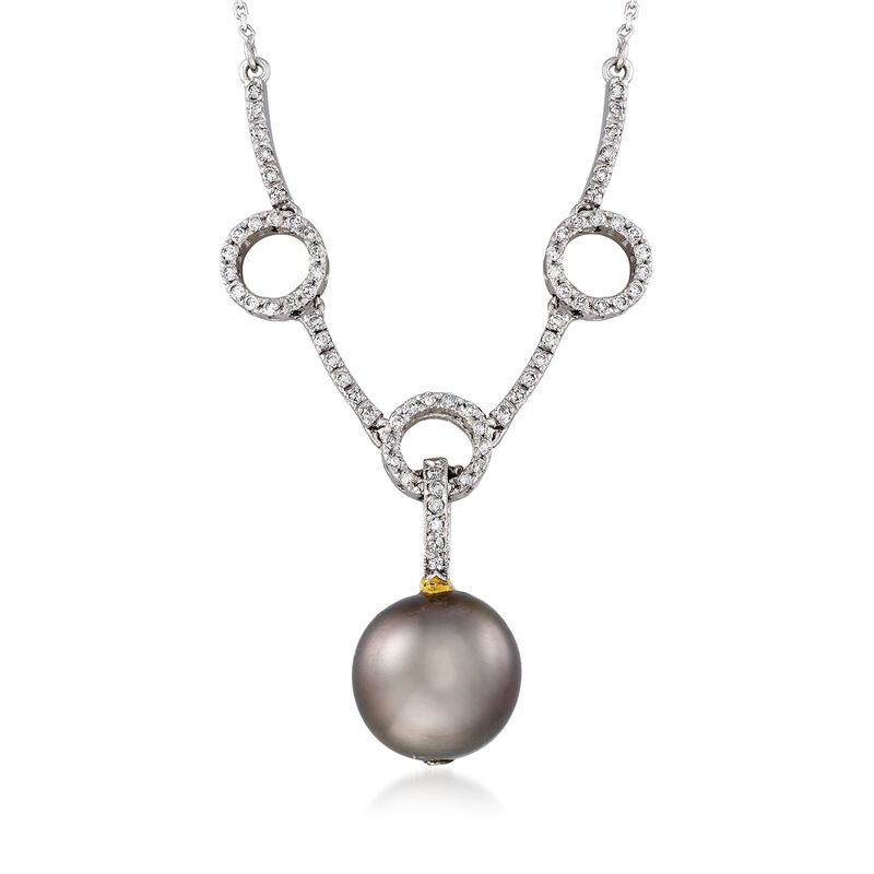 C. 1990 Vintage Black Cultured Pearl and .60 ct. t.w. Diamond Circle Station Necklace in 14kt White Gold. 16&quot; image number 1