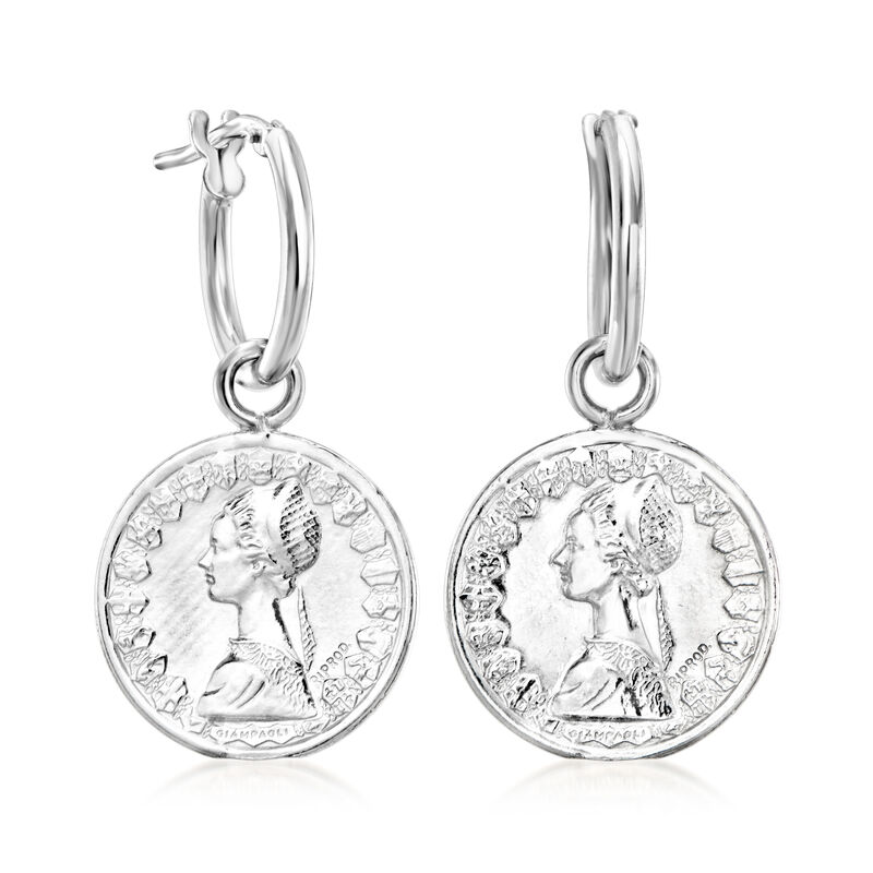 Sterling Silver Jewelry Set: 1.5mm Hoop Earrings with Italian Horn and Replica 500-Lira Coin Charms  image number 3