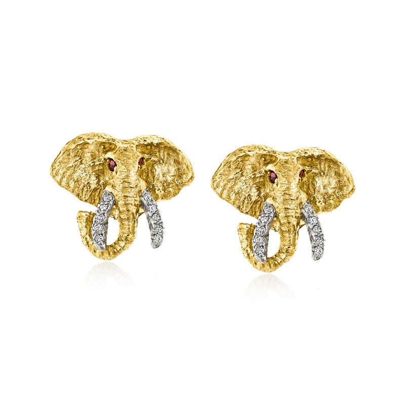 C. 1970 Vintage .20 ct. t.w. Diamond Elephant Earrings with Rubies in 18kt Yellow Gold image number 0