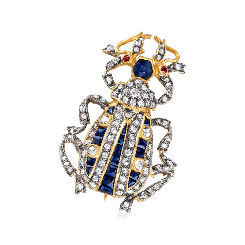 C. 1950 Vintage 1.50 ct. t.w. Diamond and .90 ct. t.w. Sapphire Bug Pin in 14kt Gold Over Sterling image number 0