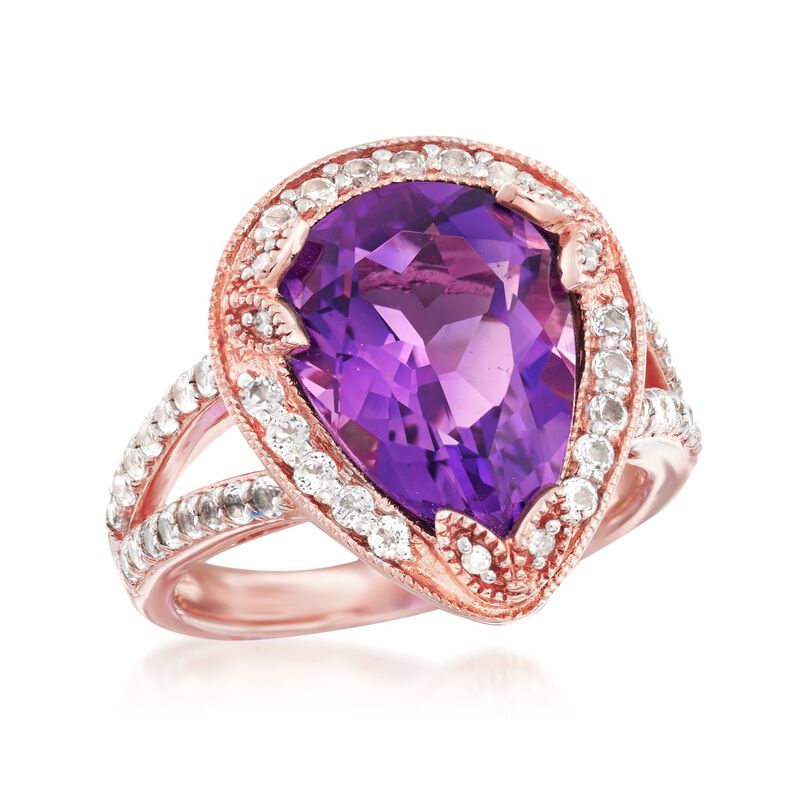 4.50 Carat Amethyst and 1.40 ct. t.w. White Topaz Ring with Diamonds in 14kt Rose Gold Over Sterling image number 3