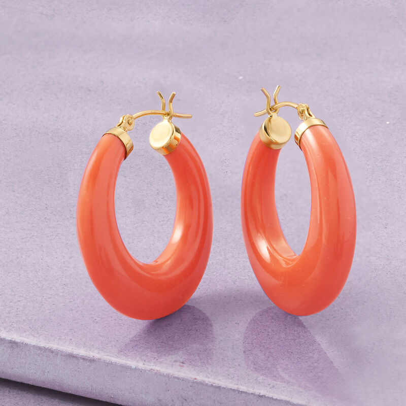 Simulated Coral Hoop Earrings in 14kt Yellow Gold. 1 1/8&quot; image number 3