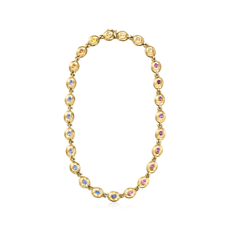 C. 1980 Vintage 11.25 ct. t.w. Multicolored Sapphire Oval-Link Necklace in 14kt Yellow Gold. 18&quot; image number 2