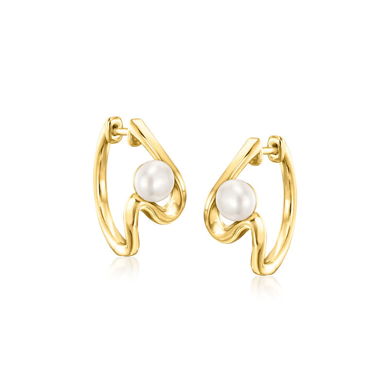 5-5.5mm Cultured Pearl Swirl Hoop Earrings in 18kt Gold Over Sterling. 5/8&quot; image number 2