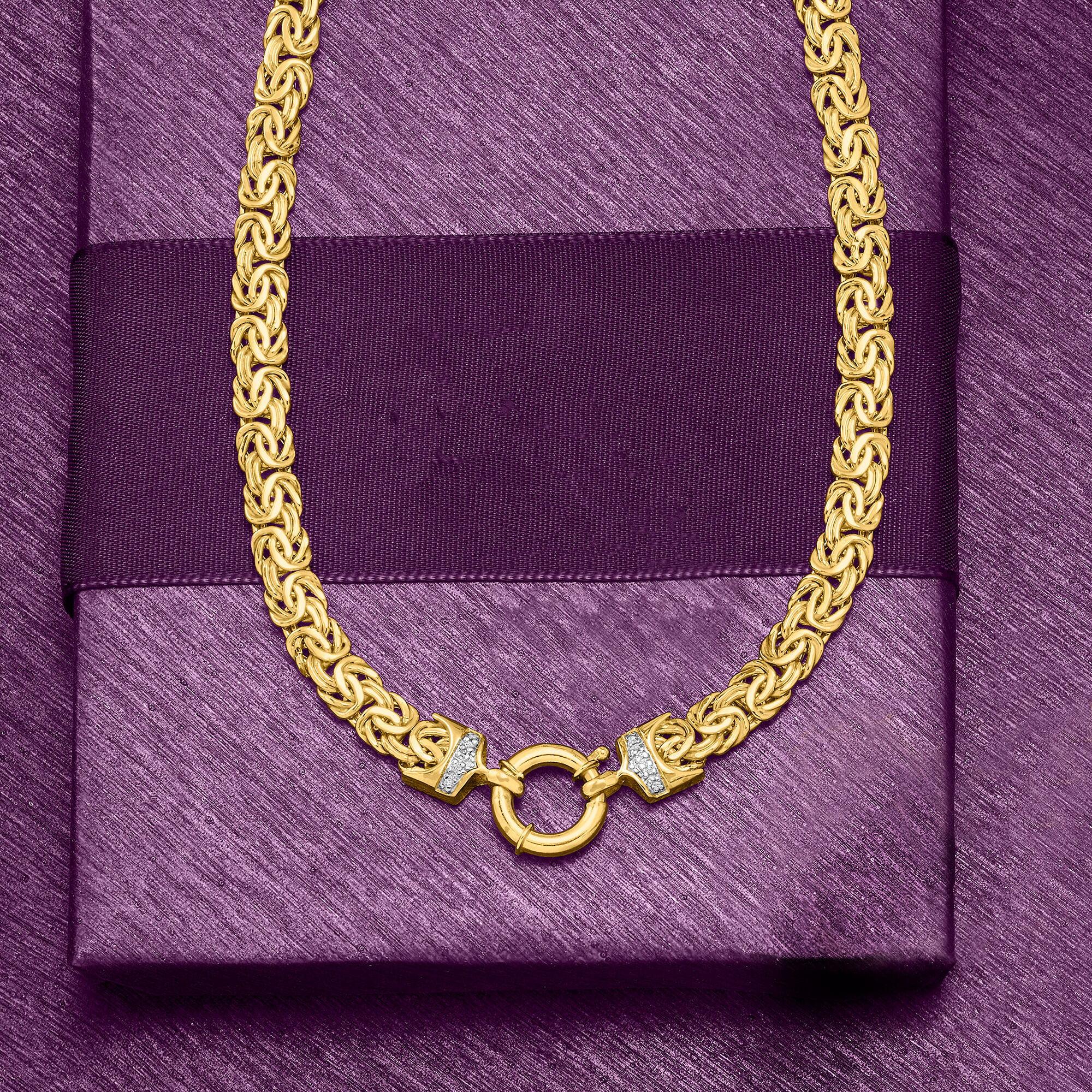 14kt Yellow Gold Flat Byzantine Necklace with Diamonds | Ross Simons