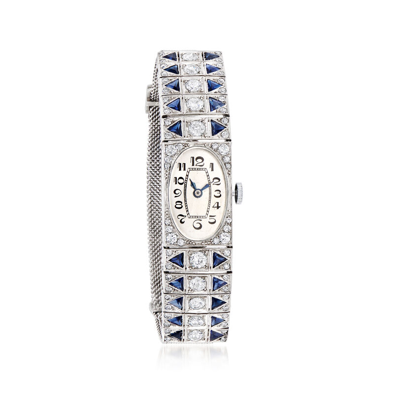 C. 1940 Vintage 4.60 ct. t.w. Simulated Sapphire and 2.55 ct. t.w. Diamond Watch in Platinum image number 0