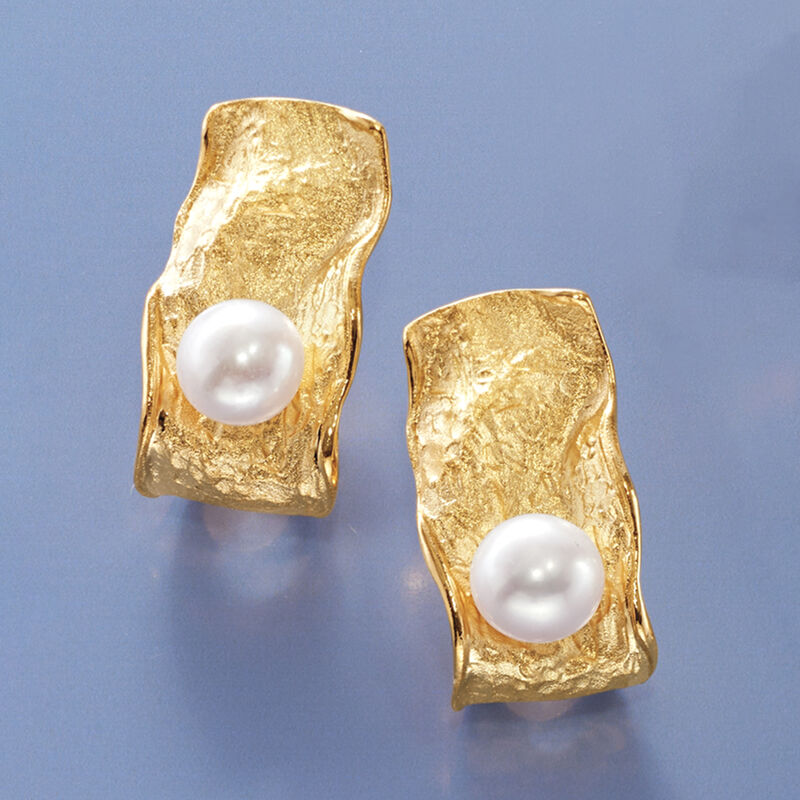 Italian 7.5-8mm Cultured Pearl Sculptural Earrings in 18kt Gold Over Sterling image number 3