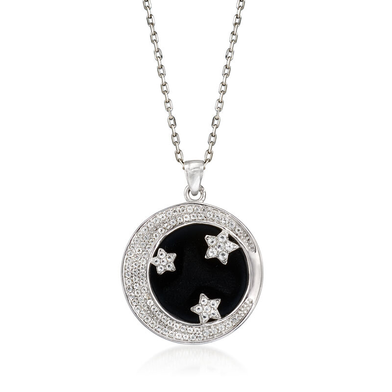 Black Onyx and 7.00 ct. t.w. White Topaz Star and Moon Pendant Necklace in Sterling Silver. 18&quot; image number 1