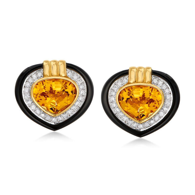 C. 1980 Vintage 8.50 ct. t.w. Citrine, .65 ct. t.w. Diamond and Black Onyx Heart Earrings in 18kt Yellow Gold image number 0