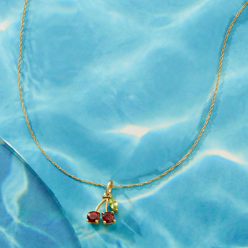 .60 ct. t.w. Garnet and .10 ct. t.w. Peridot Cherry Pendant Necklace in 14kt Yellow Gold. 16&quot; image number 2
