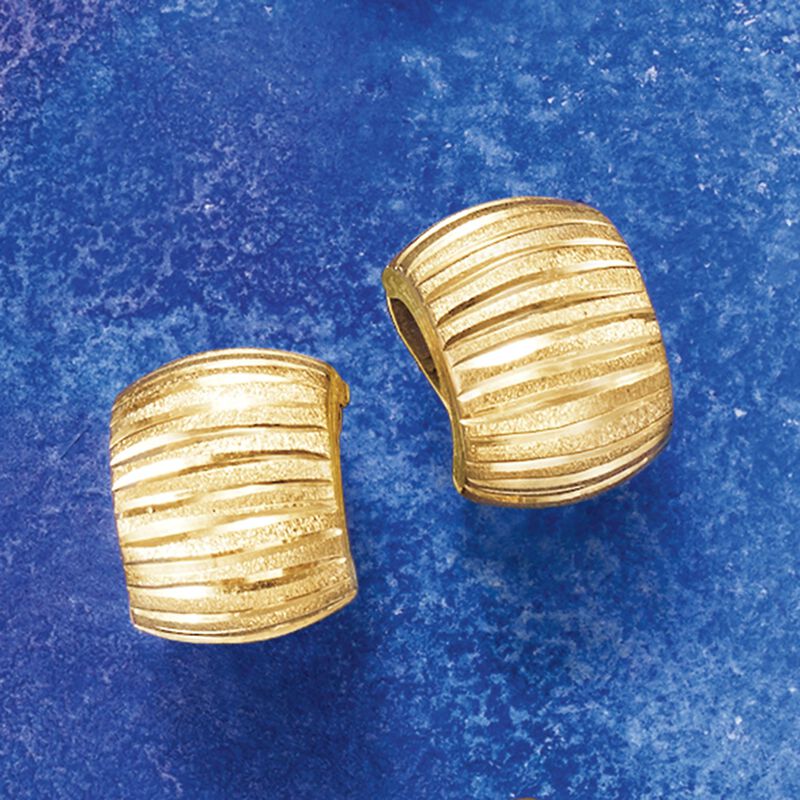 Italian 18kt Yellow Gold Diamond-Cut and Satin-Finished Hoop Earrings. 1/2&quot; image number 3