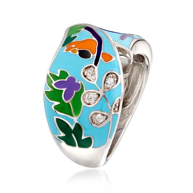 Belle Etoile &quot;Tropical Rainforest&quot; Blue and Multicolored Enamel Ring with CZ Accents in Sterling Silver. Size 7 image number 2