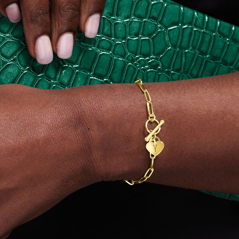 Plain - Italian 14kt Yellow Gold Personalized Heart Charm Paper Clip Link Bracelet. 7&quot; image number 2
