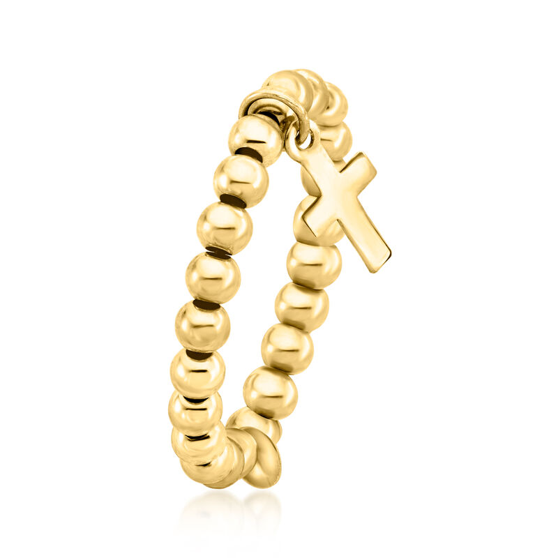 3mm 14kt Yellow Gold Bead Stretch Ring with Cross Charm. Small (5 - 6) image number 2