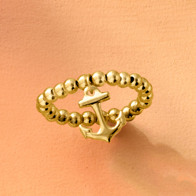 3mm 14kt Yellow Gold Bead Stretch Ring with Anchor Charm image number 3