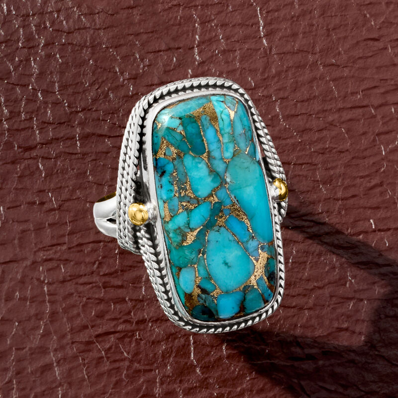 Turquoise Roped-Edge Ring in Sterling Silver with 18kt Gold Over Sterling image number 4