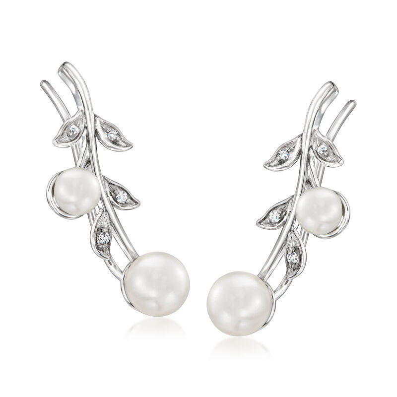 4.5-6mm Cultured Pearl Leaf Ear Climbers with Diamonds in Sterling Silver image number 0